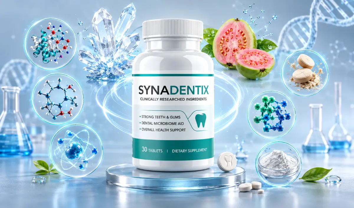 Synadentix supplement bottle with clinically studied ingredients like hydroxyapatite crystals, guava fruit, and enzyme molecules.